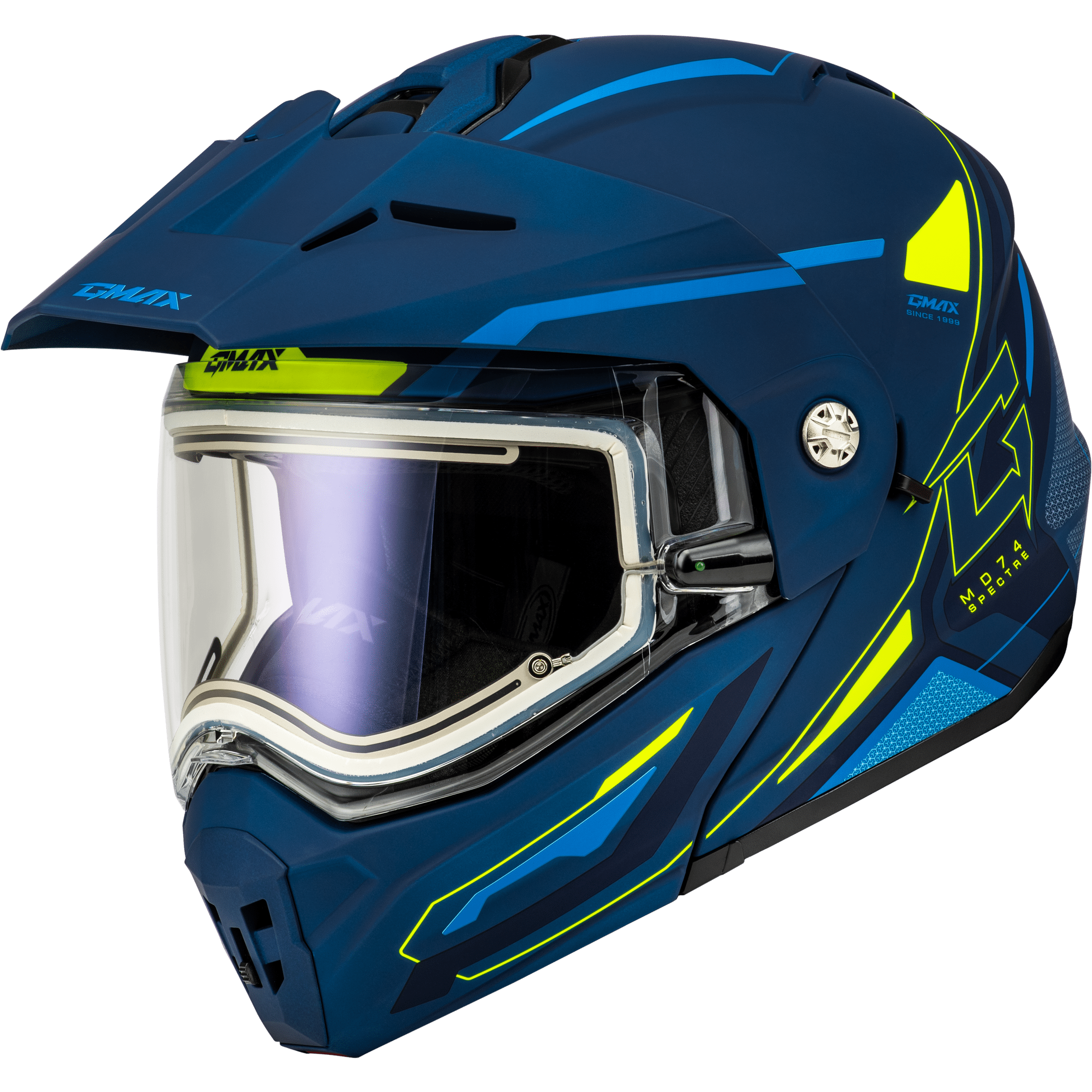 GMAX MD-74S SPECTRE SNOW HELMET W/ ELEC SHIELD MATTE BLUE/GRN LG