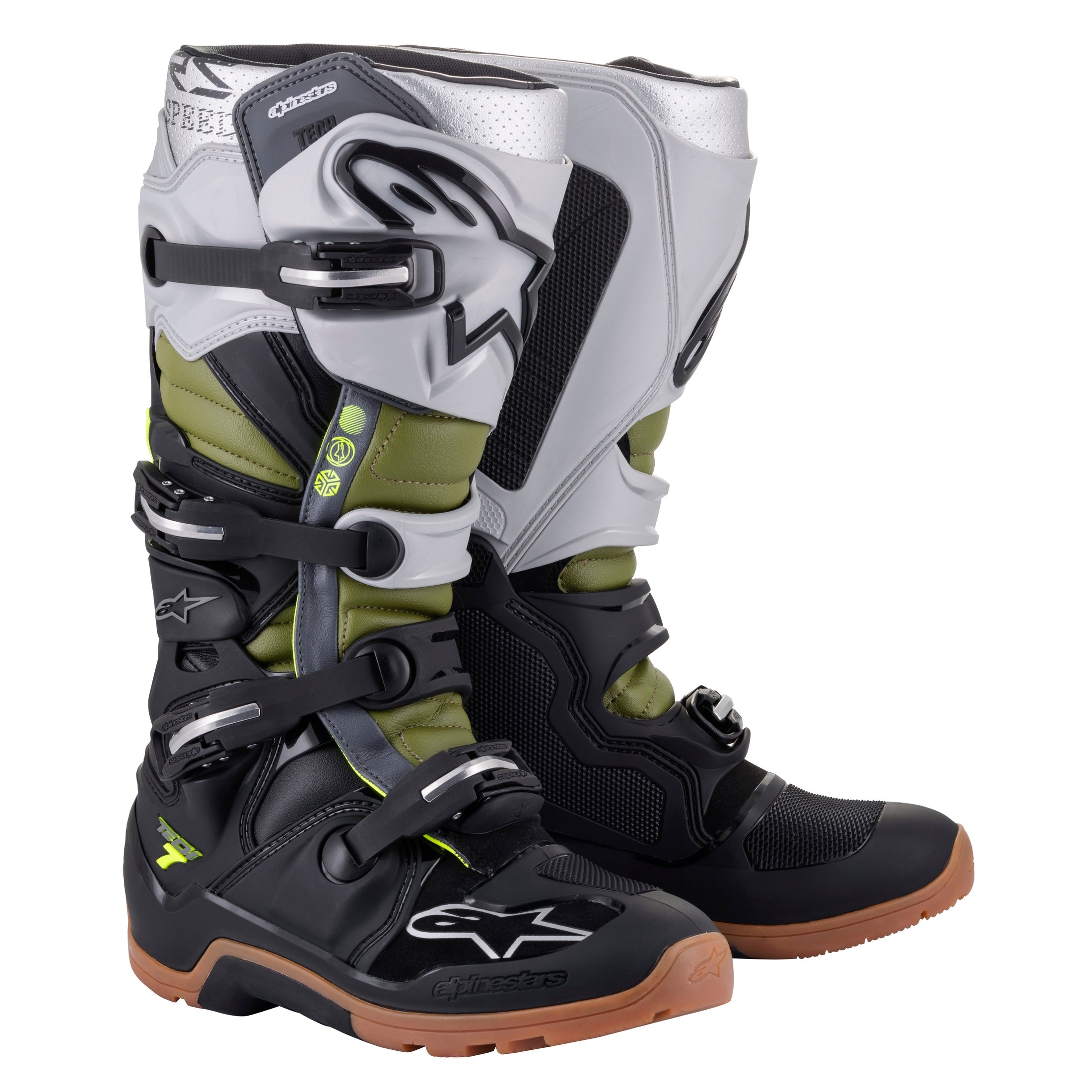 ALPINESTARS TECH 7 ENDURO BOOTS BLK/SLVR/MLTRY GRN SZ 14