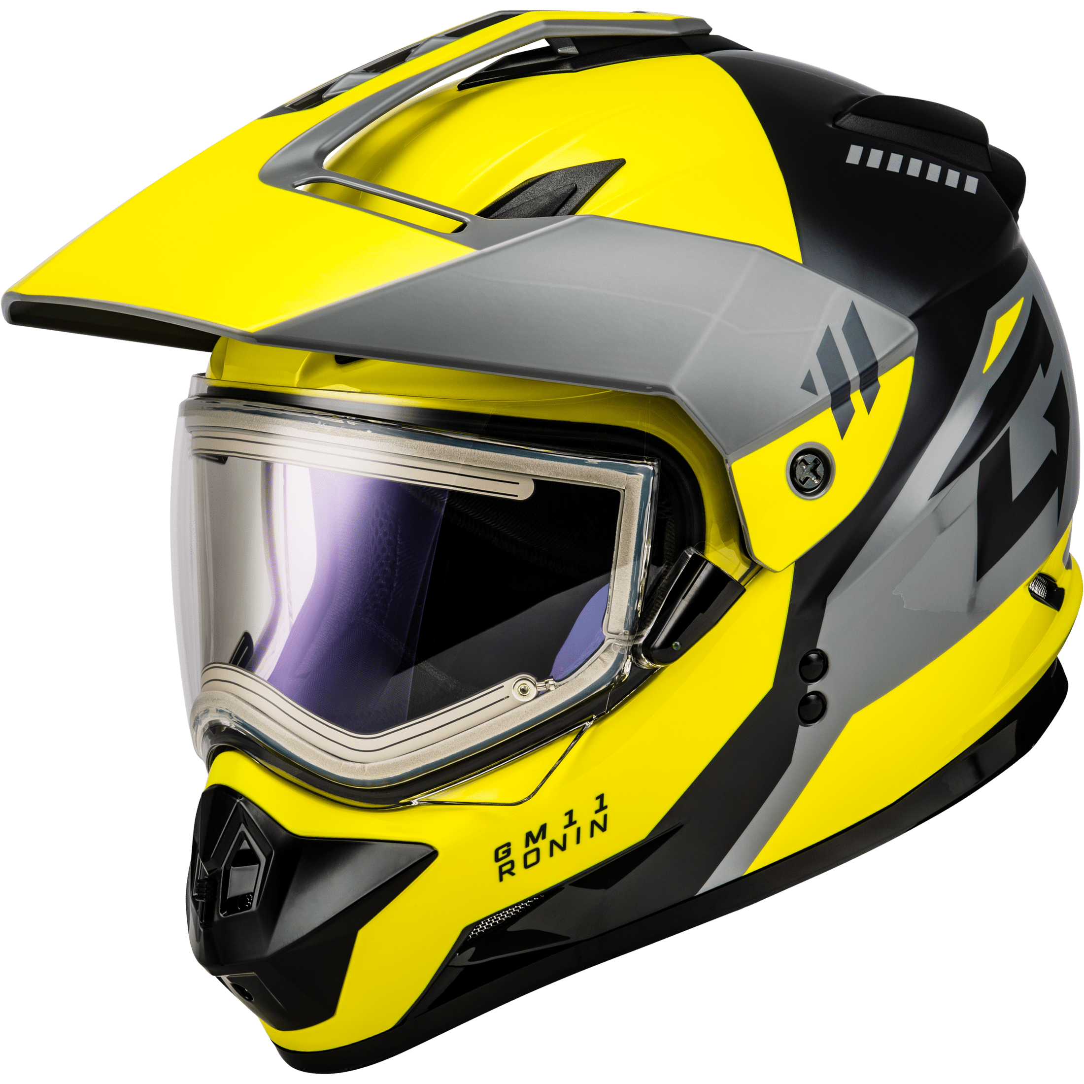GMAX GM-11S RONIN SNOW HELMET W/ ELEC SHLD YELLOW/SLVR/GREY 2X