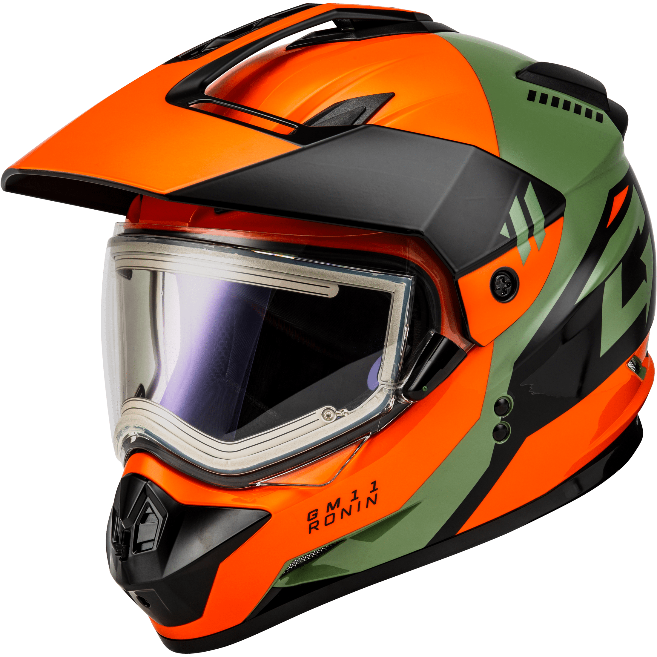 GMAX GM-11S RONIN SNOW HELMET W/ ELEC SHLD ORANGE/GREEN/BLACK X