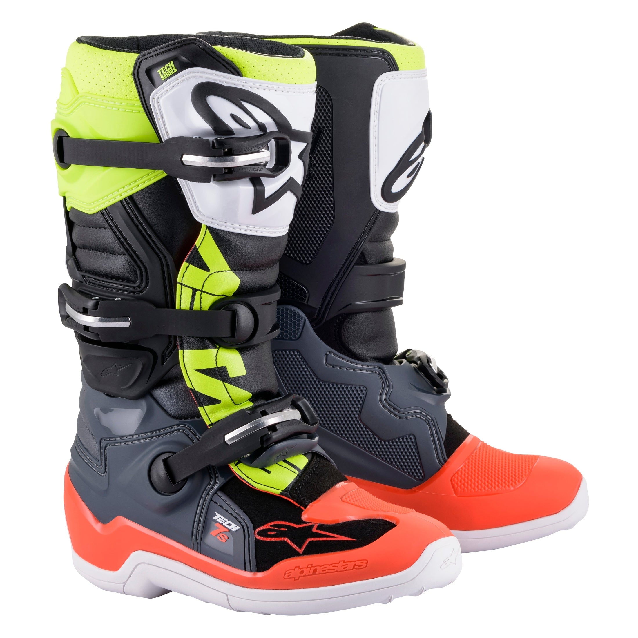 ALPINESTARS TECH 7S BOOTS DARK GREY/ RED FLUO/YELLOW FLUO SZ 02