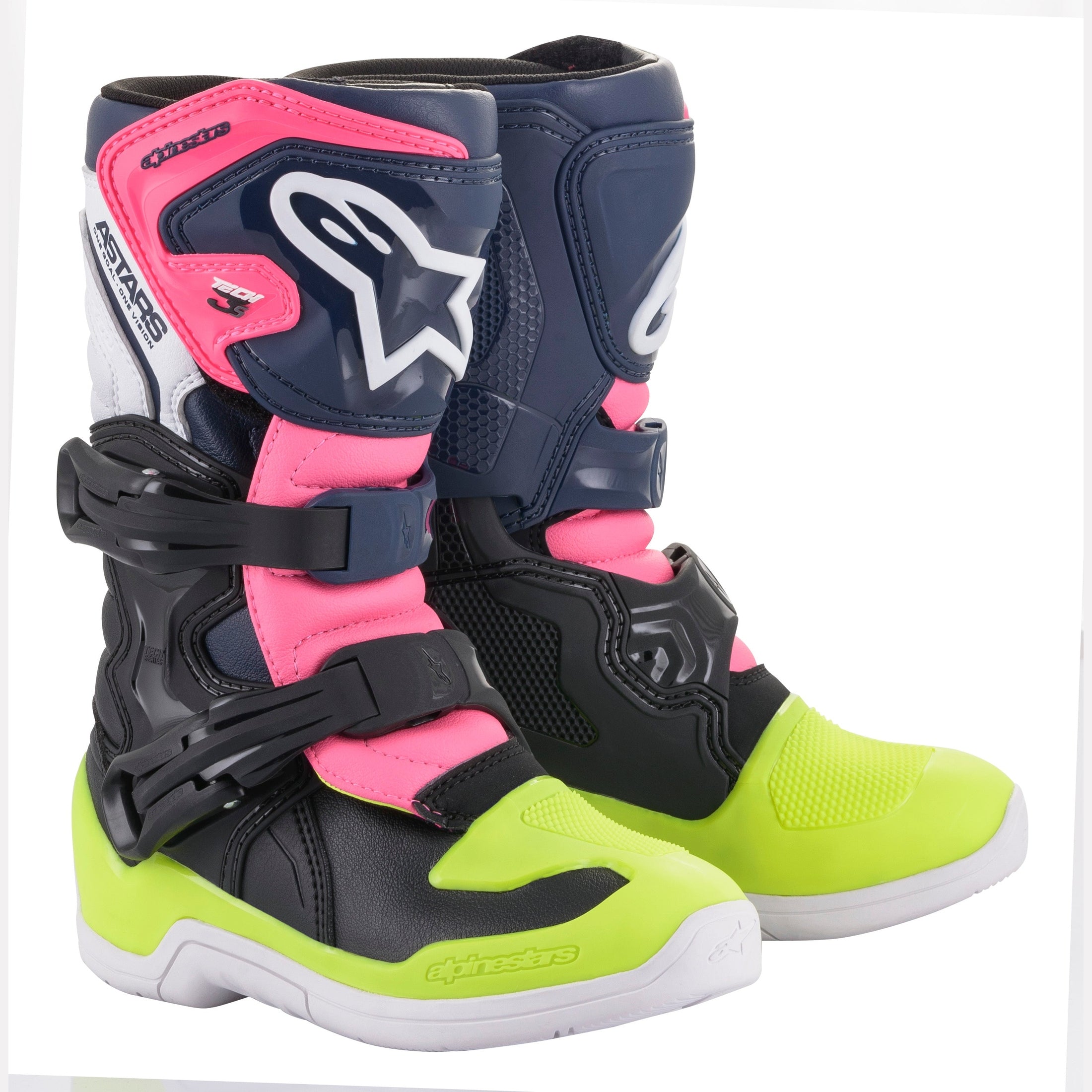 ALPINESTARS TECH 3S KIDS BOOTS BLACK/ DARK BLUE/PINK FLUO SZ 12