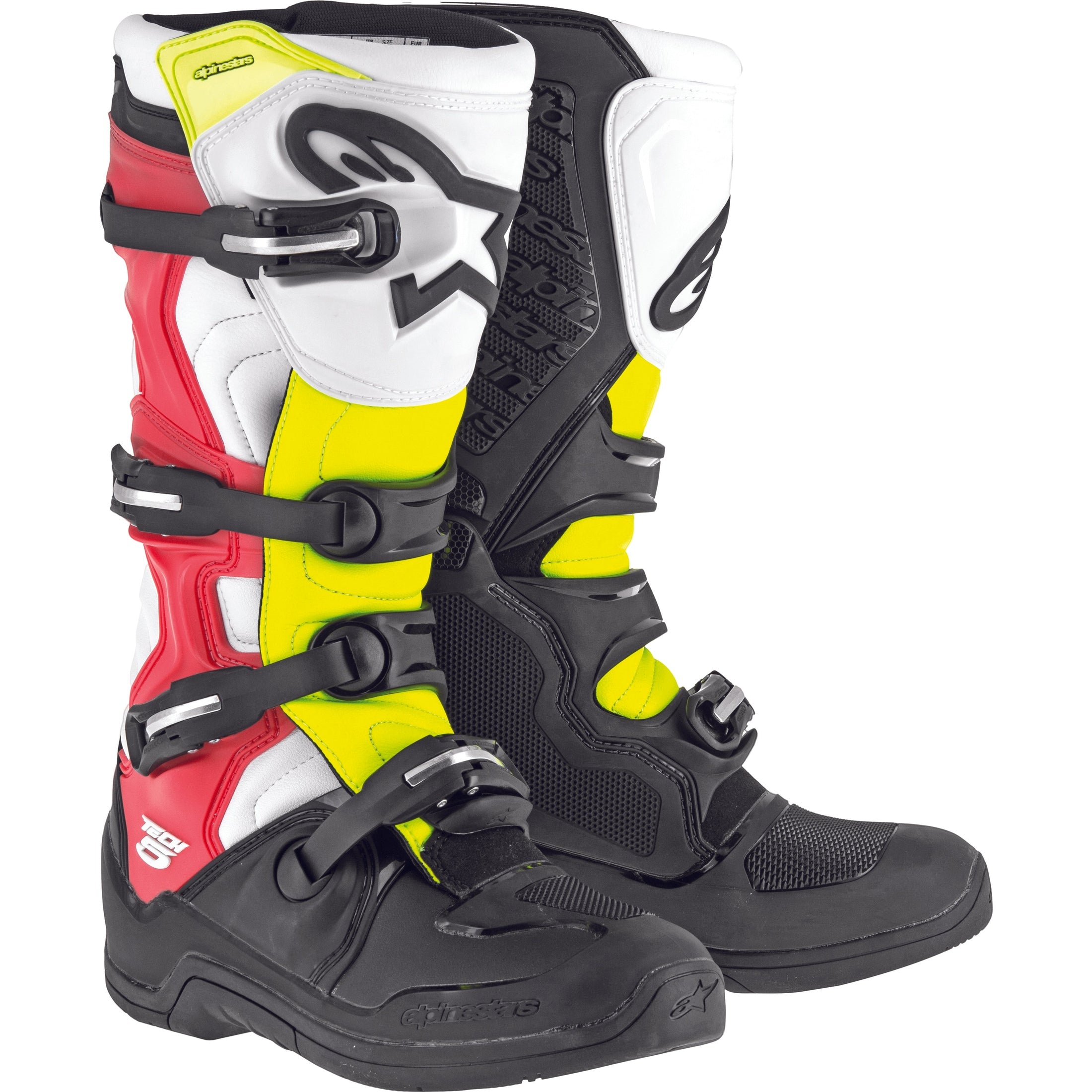 ALPINESTARS TECH 5 BOOTS BLACK/WHITE/RED/YELLOW SZ 11