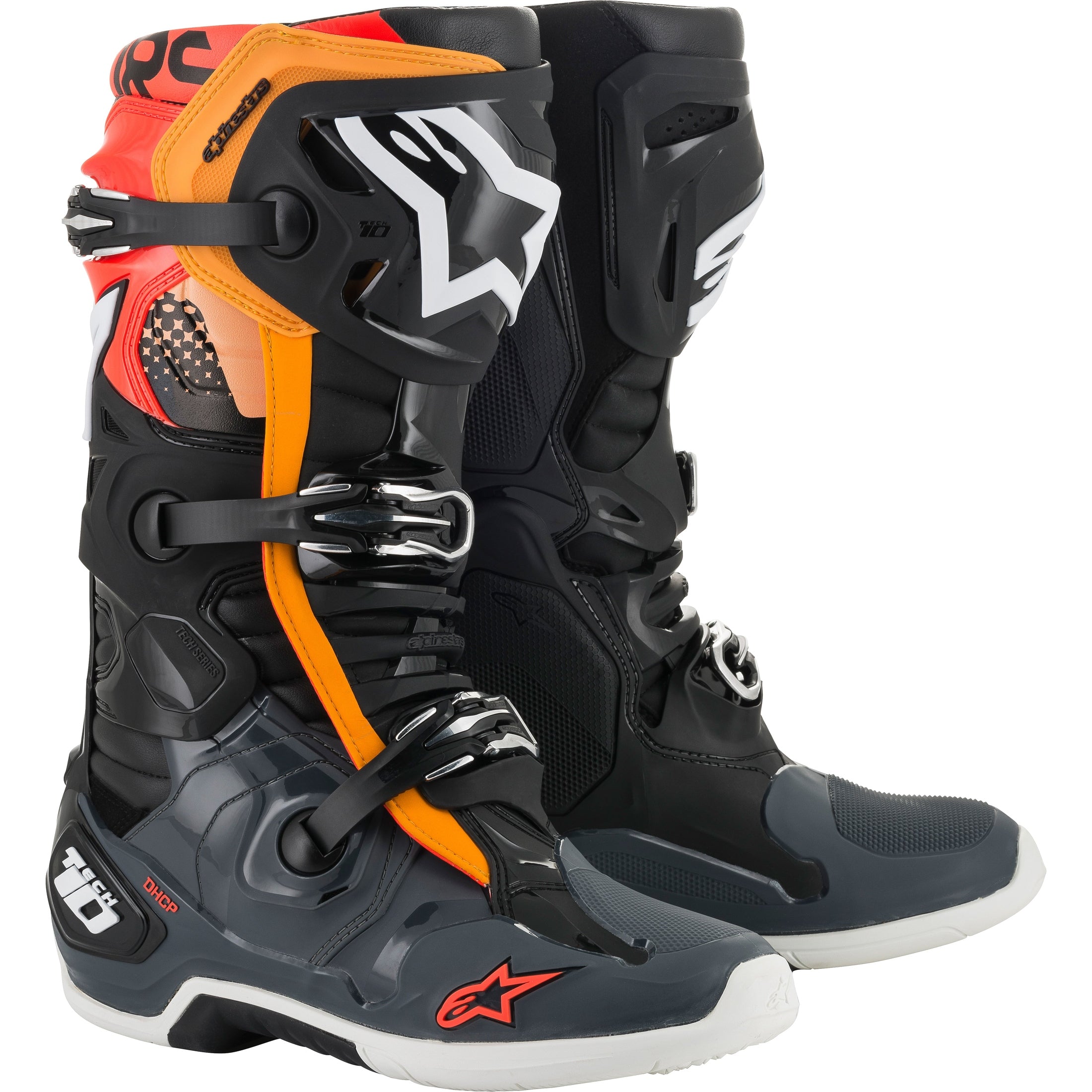 ALPINESTARS TECH 10 BOOTS BLK/GRY/ORG/FLUO RED SZ 14