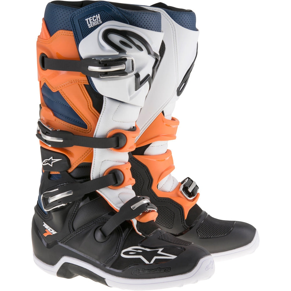 ALPINESTARS TECH 7 BOOTS BLACK/ORANGE/WHITE/BLUE SZ 08