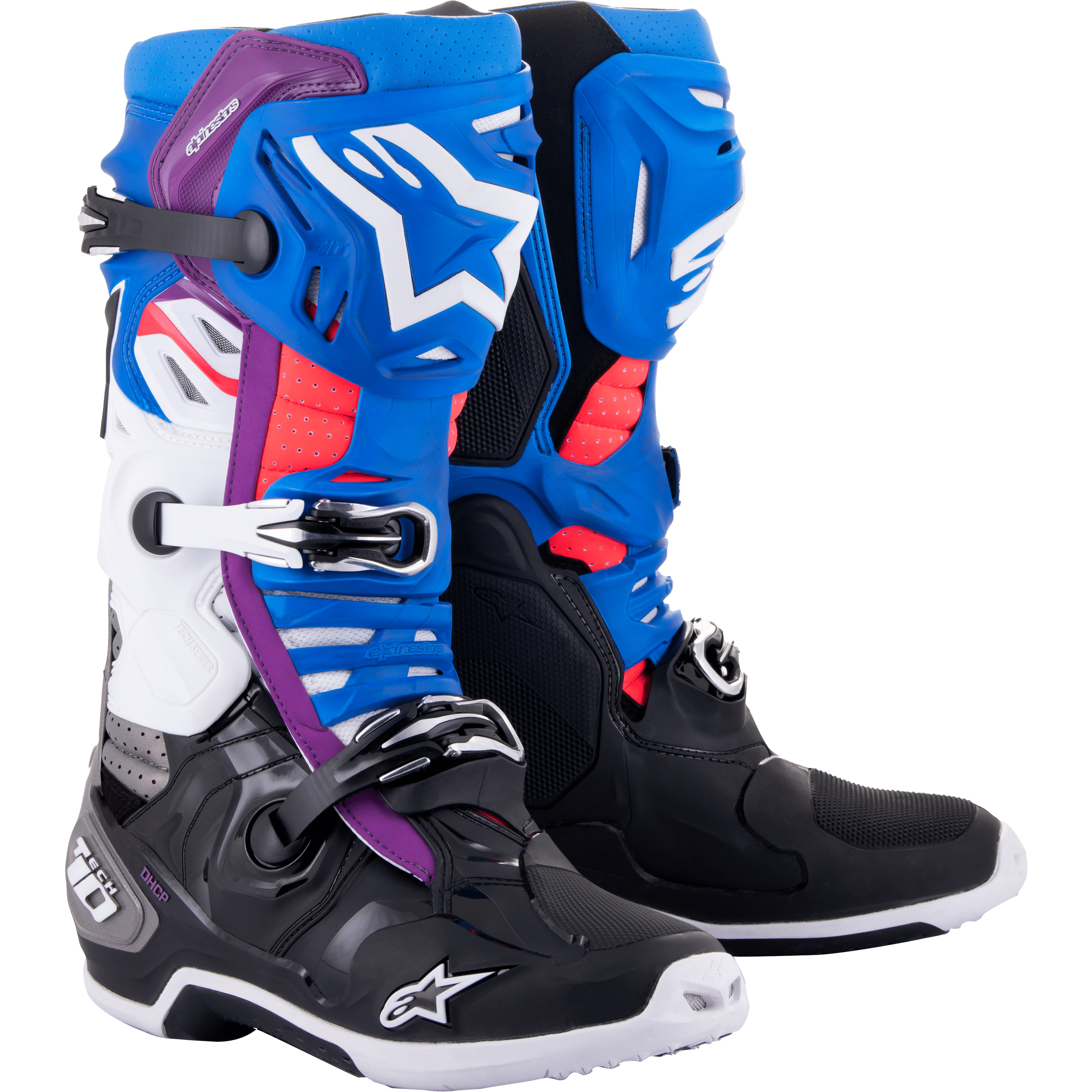 ALPINESTARS TECH 10 SUPERVENTED BOOTS BLK/ENAMEL BLU/PUR/WHT SZ 10