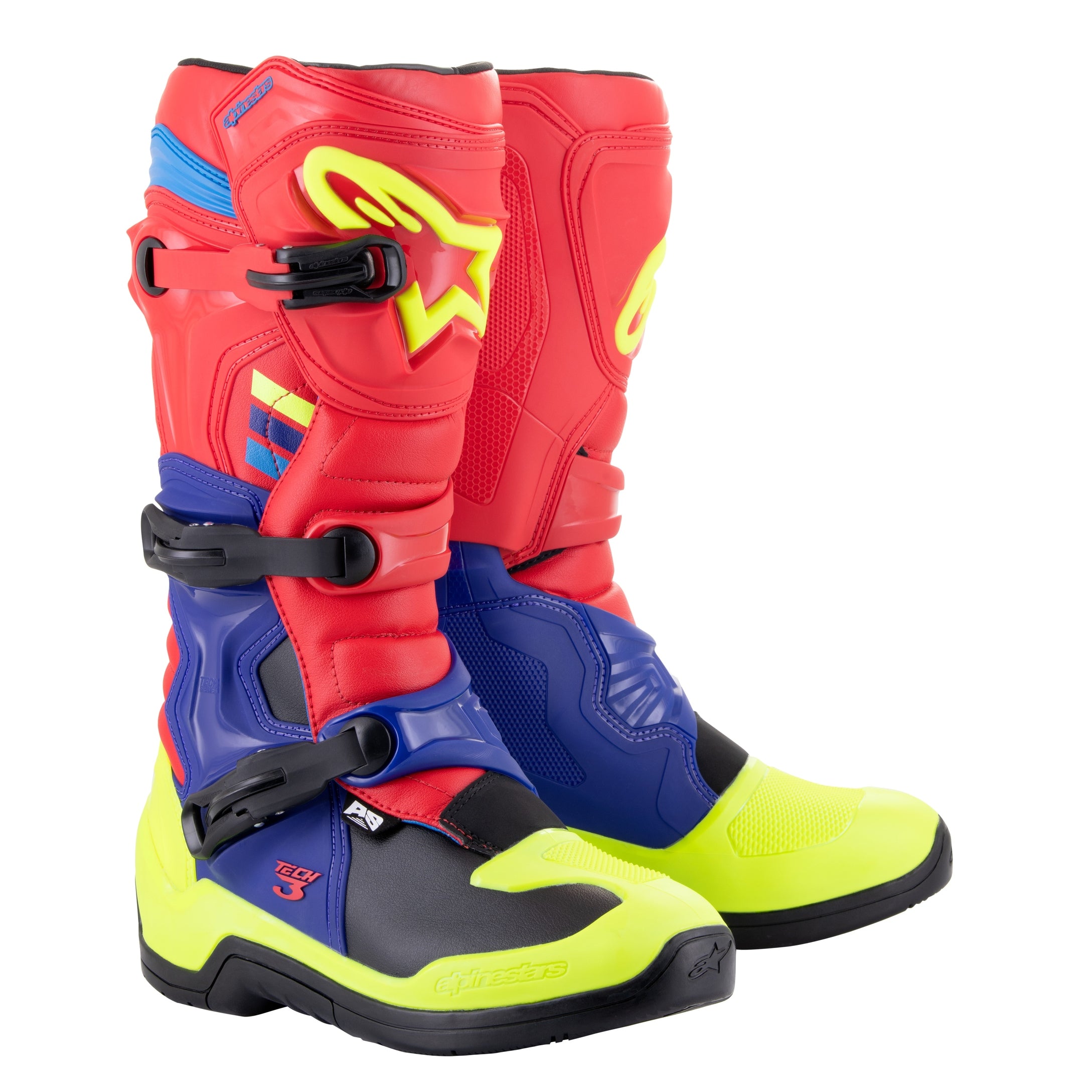 ALPINESTARS TECH 3 BOOTS BRIGHT RED/BLUE/FLUO YEL SZ 14