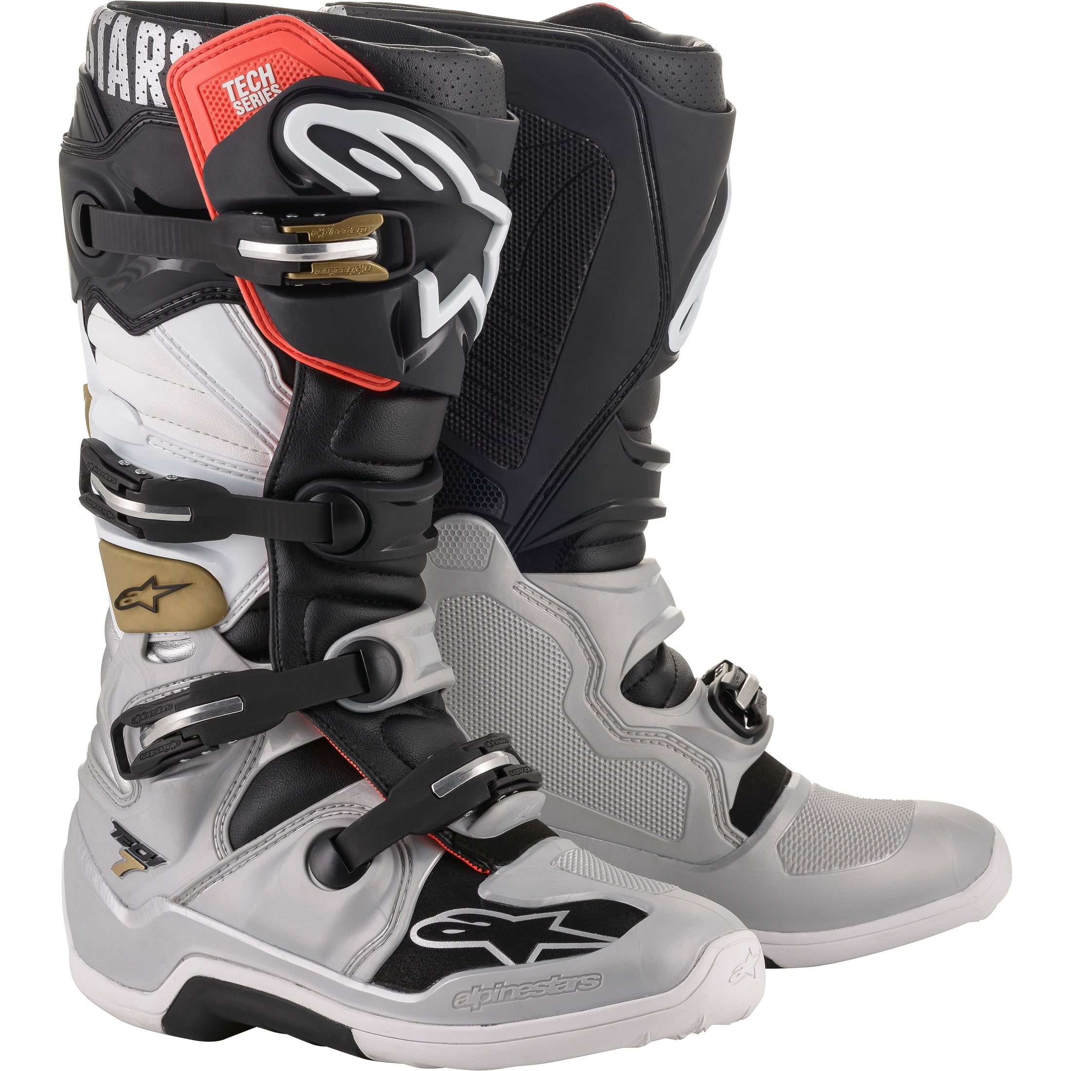 ALPINESTARS TECH 7 BOOTS BLACK/SILVER/WHITE/GOLD SZ 14