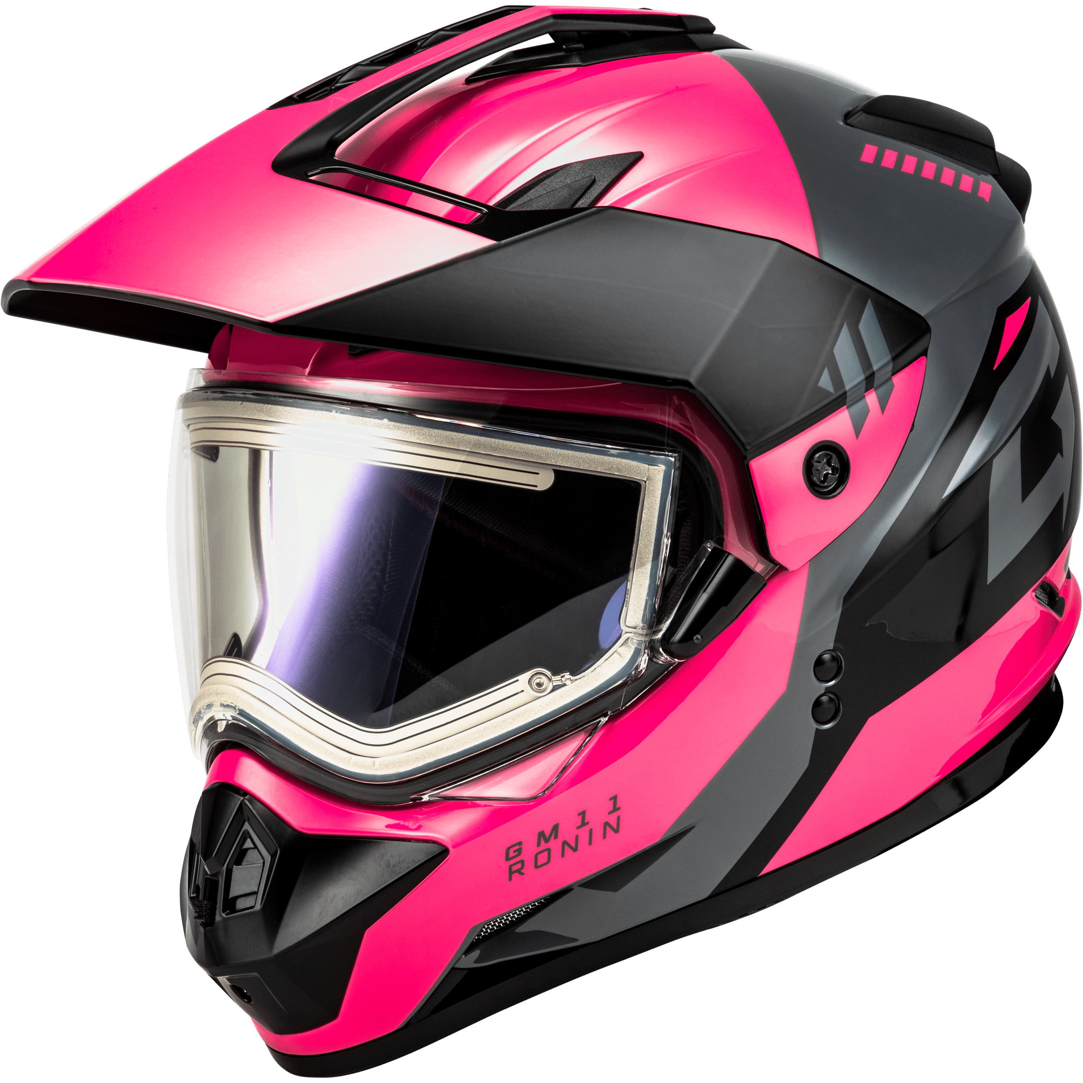 GMAX GM-11S RONIN SNOW HELMET W/ ELEC SHIELD BLACK/GREY/PINK MD