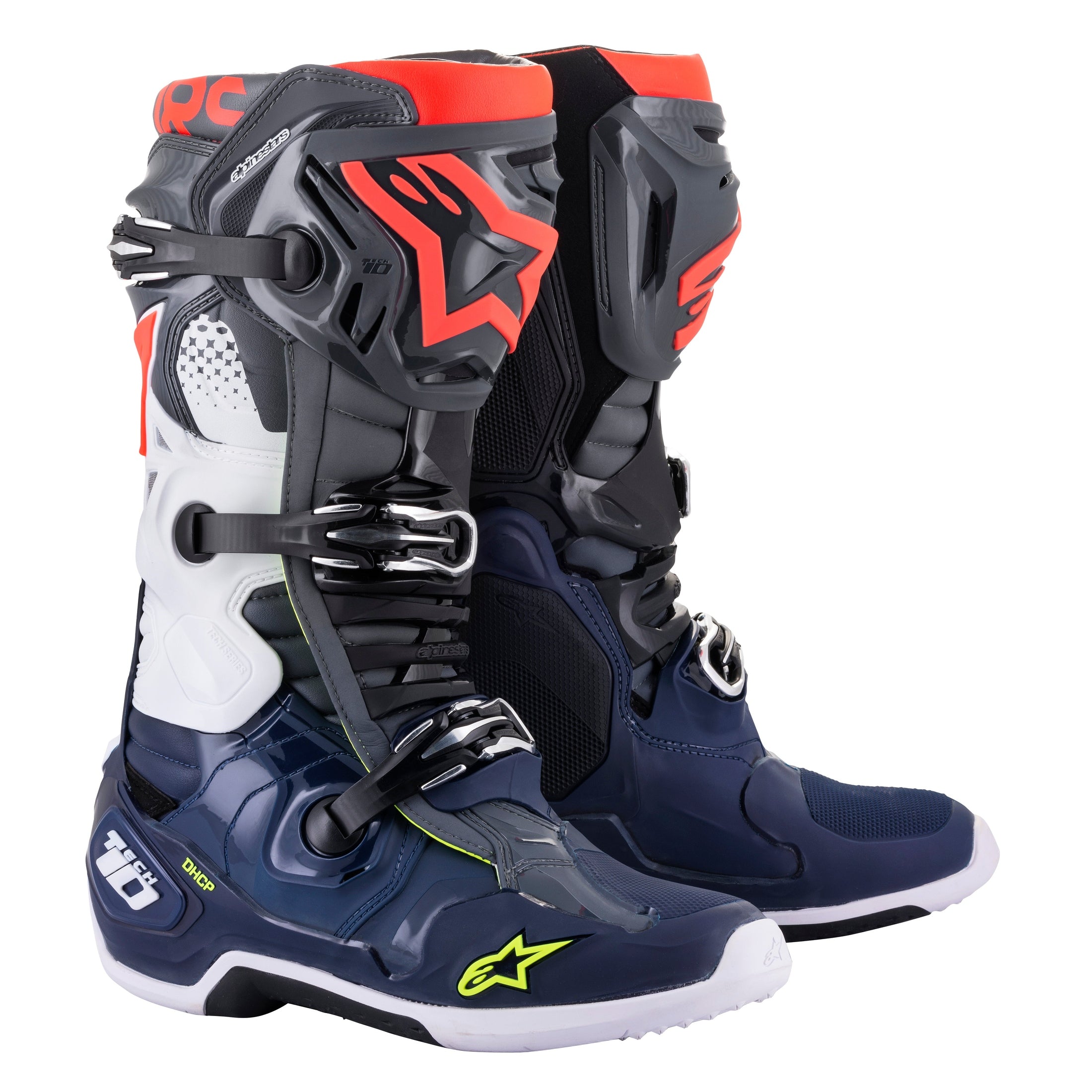 ALPINESTARS TECH 10 BOOTS DARK GREY/ DARK BLUE/RED FLUO SZ 13