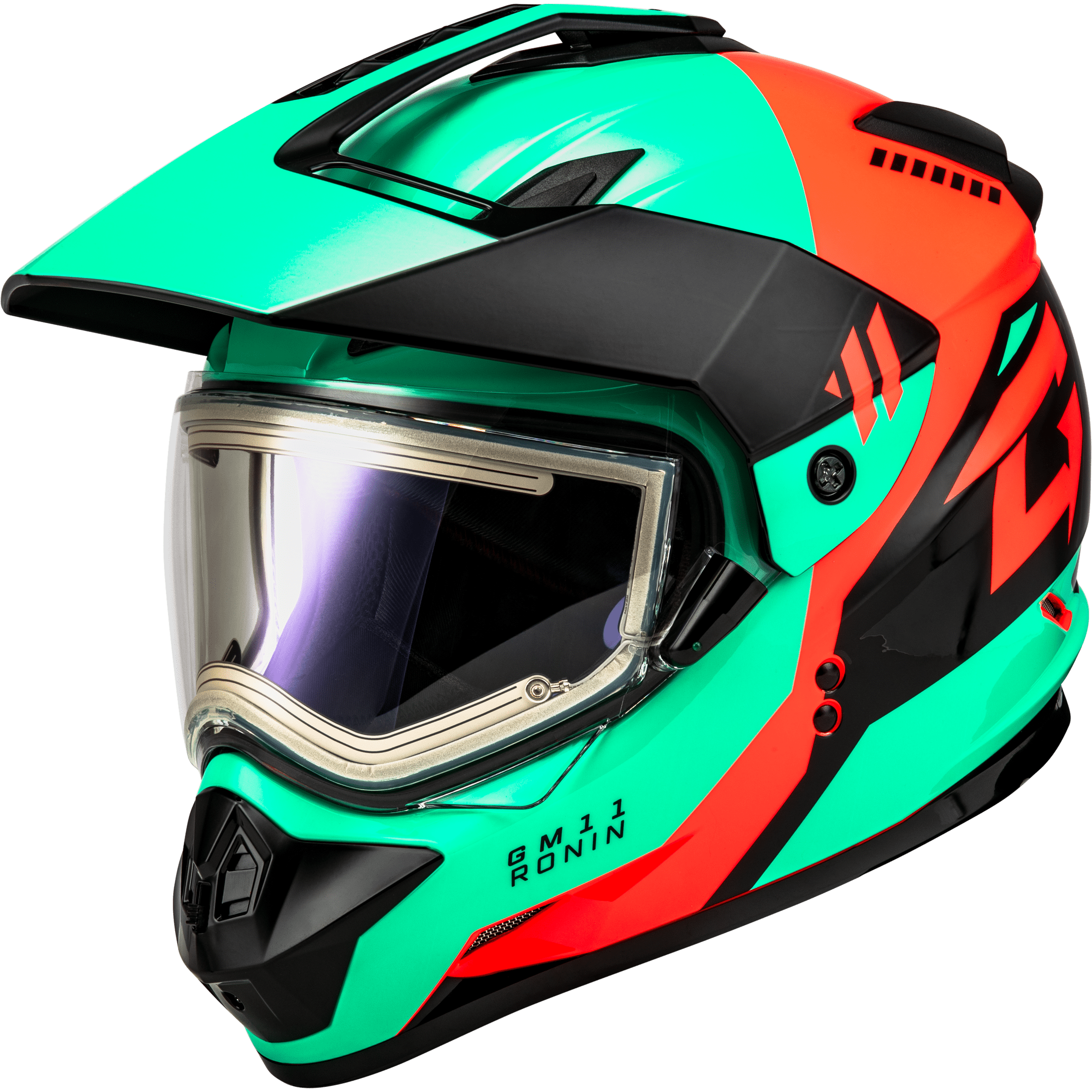 GMAX GM-11S RONIN SNOW HELMET W/ ELEC SHLD BLACK/AQUA/CORAL SM