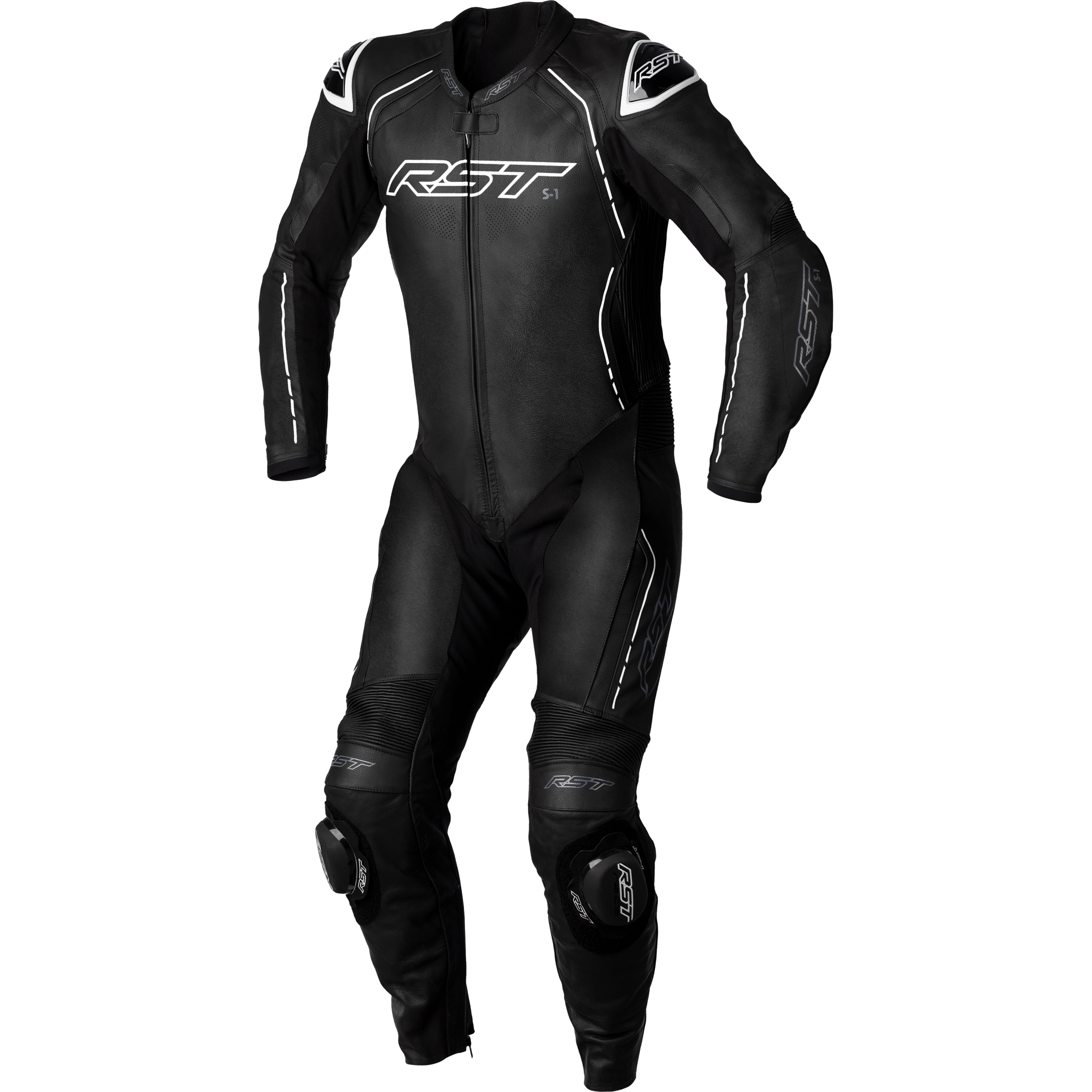RST S1 CE SUIT BLK/BLK/WHI LEATHER SM