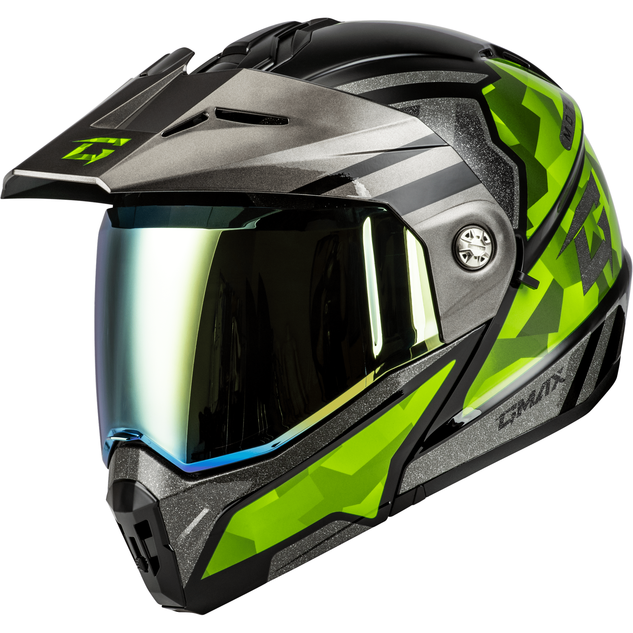 GMAX MD-74 STRIKER MODULAR HELMET W GLD SHLD BLK/SLVR/GRN MTLC 3X