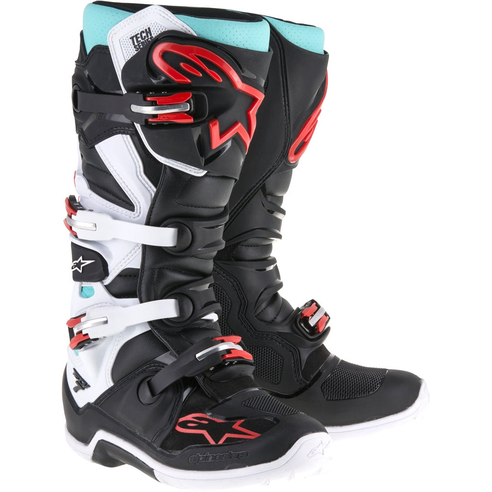 ALPINESTARS TECH 7 BOOTS BLACK/TURQ/WHITE/RED SZ 08