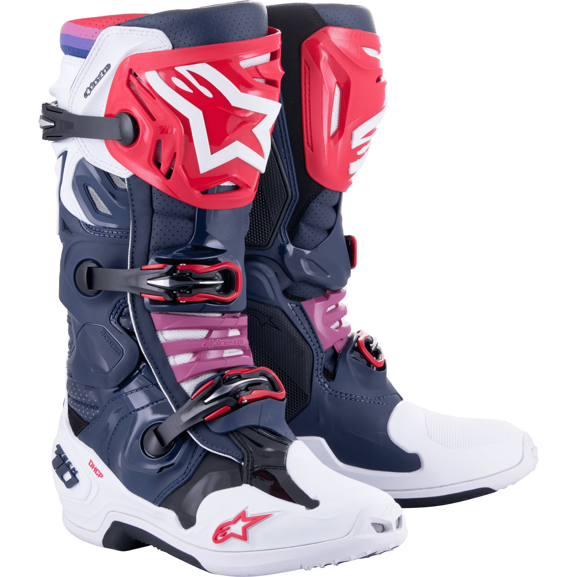 ALPINESTARS TECH 10 SUPERVENTED BOOTS NIGHT NVY/WHT/RAINBOW SZ 7