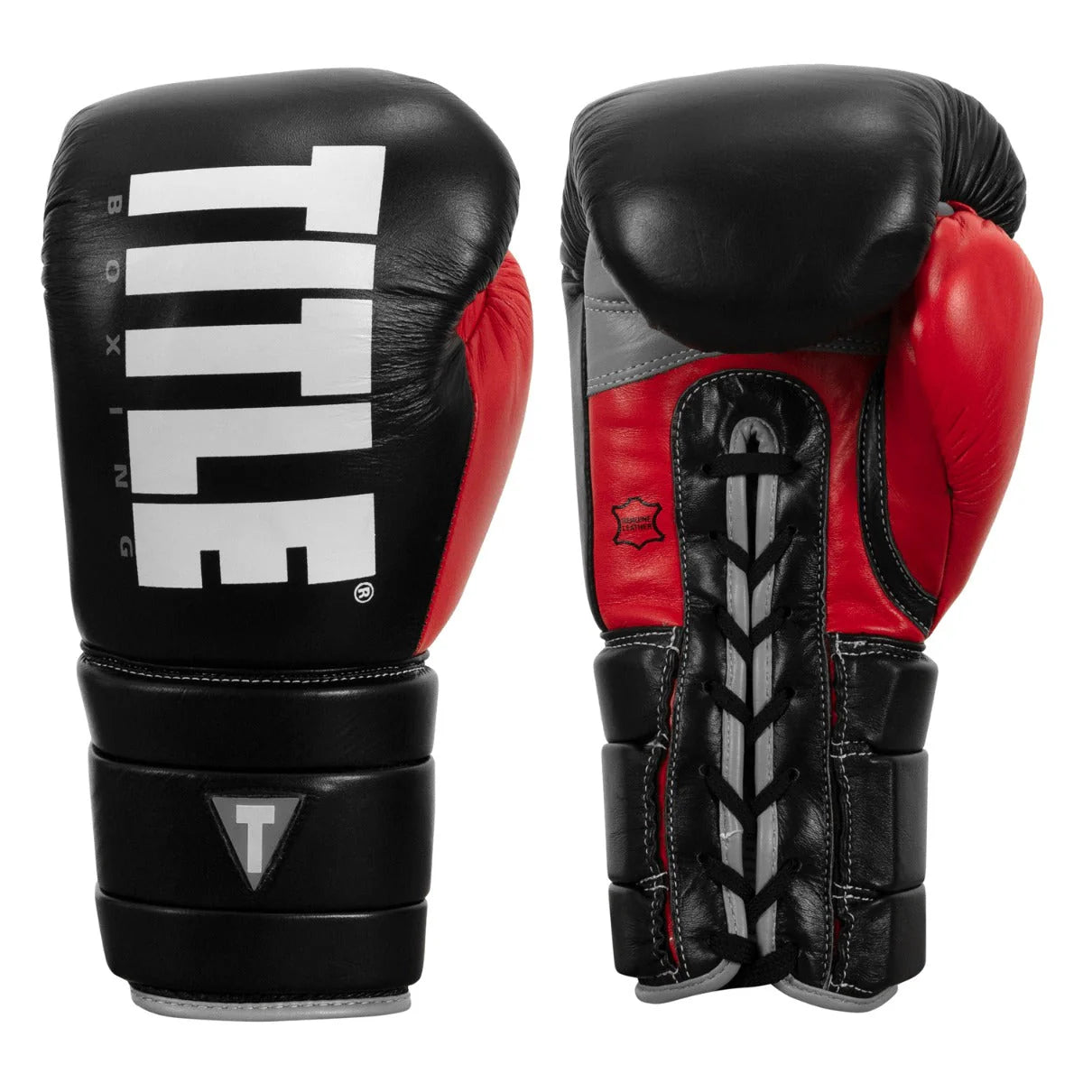 Boxing Gloves Title Leather Enforcer Pro Sparring Lace-Up Black/SIlver - 14 OZ