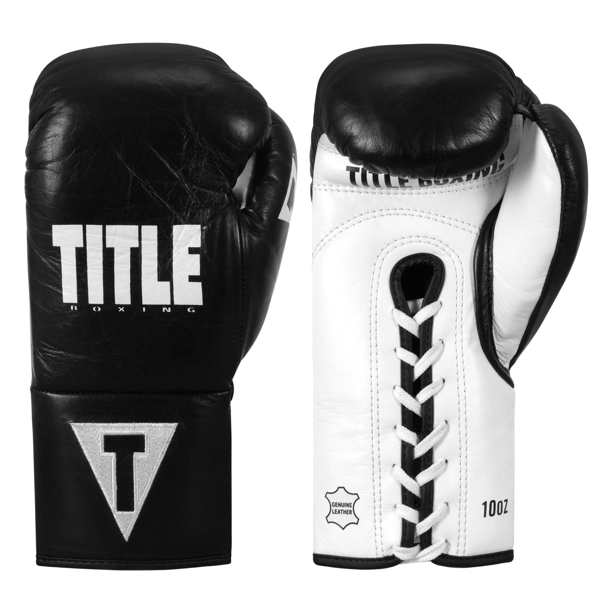 Boxing Gloves Title Leather Pro Fight Lace-Up Black White - 10 OZ