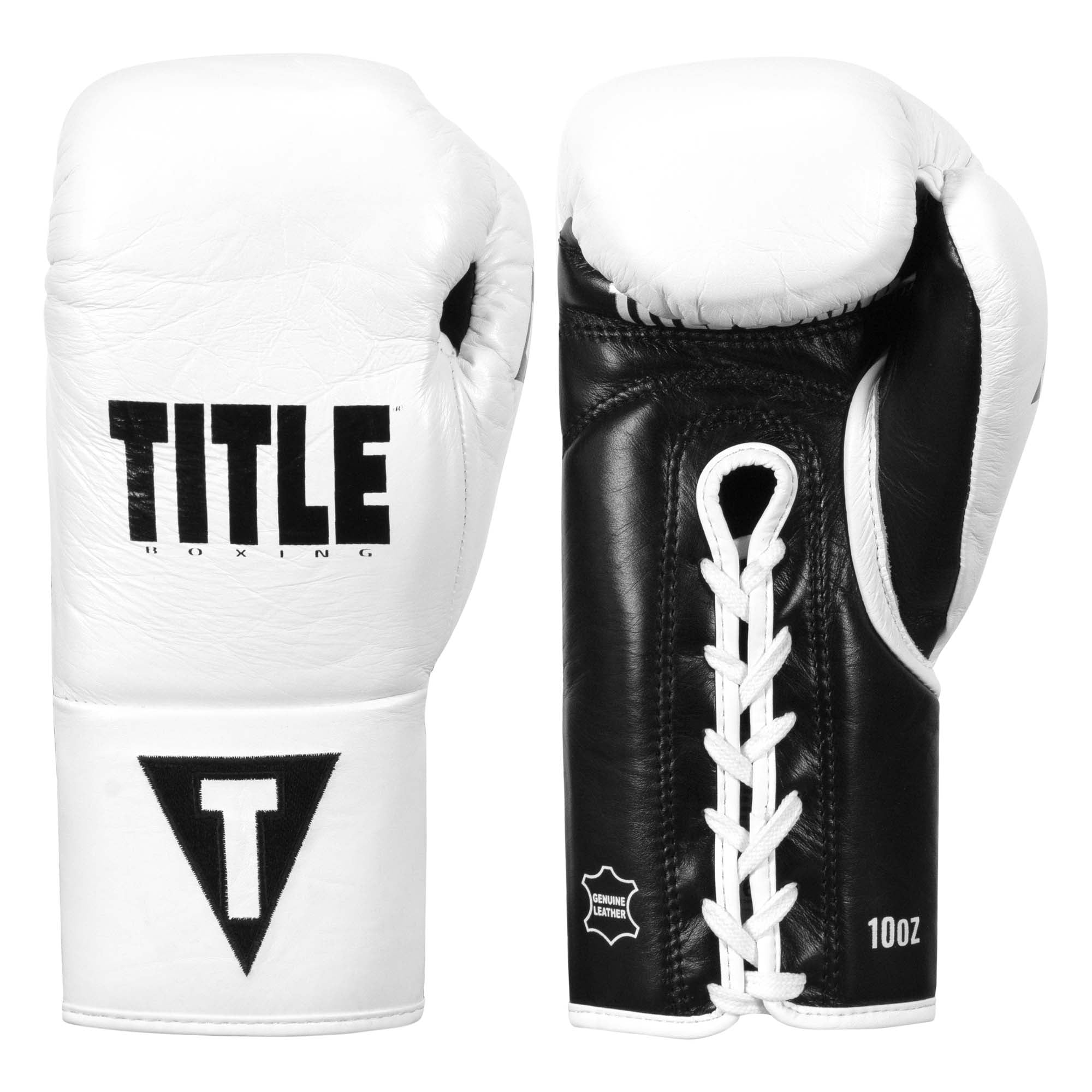 Boxing Gloves Title Leather Pro Fight Lace-Up White Black - 10 OZ