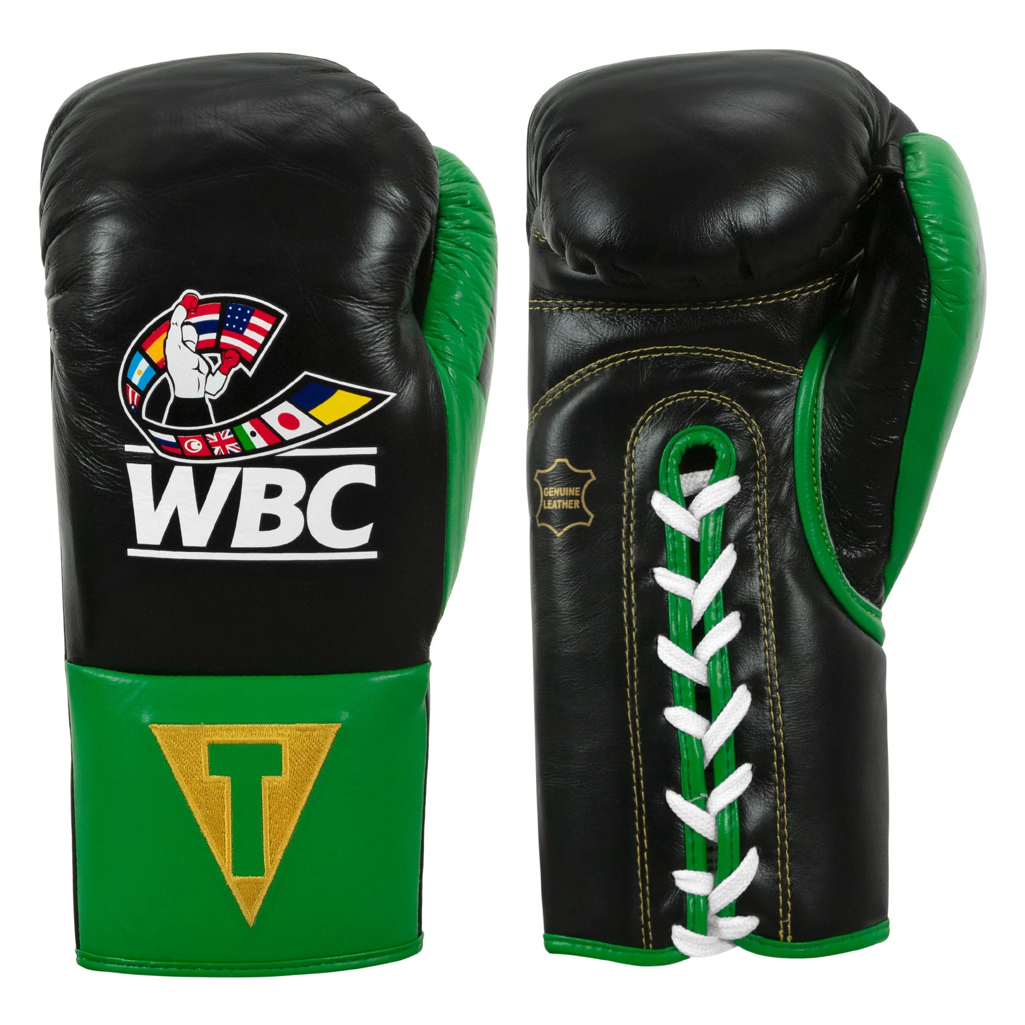 Boxing Gloves WBC by TITLE Boxing Pro Fight Leather Lace-Up Black Green - 8 OZ