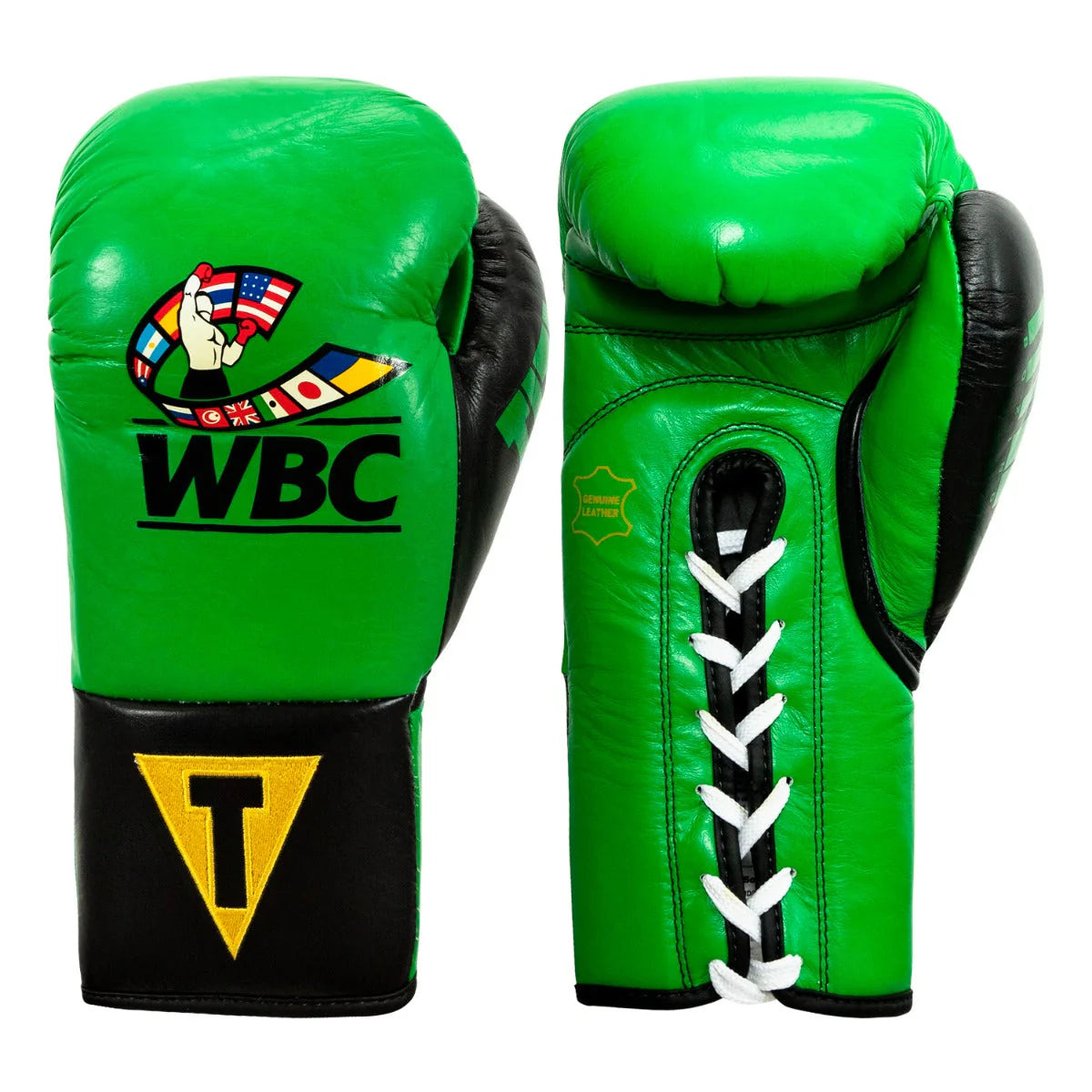Boxing Gloves WBC by TITLE Boxing Pro Fight Leather Lace-Up Green Black - 8 OZ