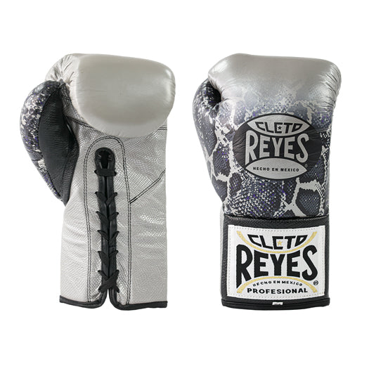 Boxing Gloves Cleto Reyes Professional Steel Snake Lace-Up Silver Black - 8 OZ