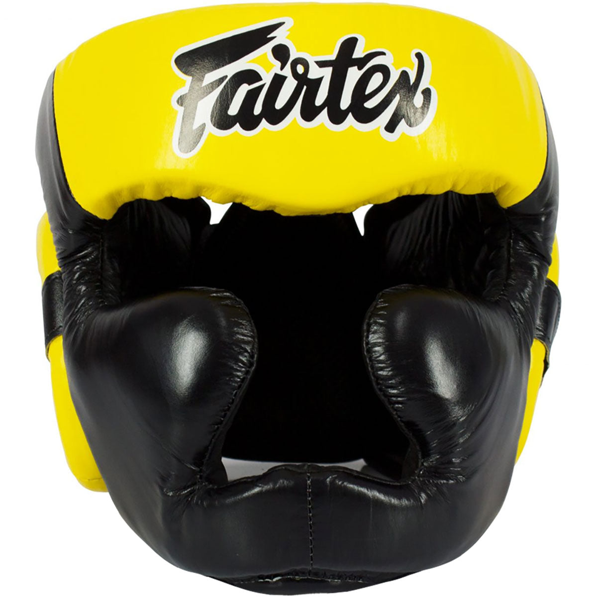 Head Guard Fairtex HG13+L Black Yellow Diagonal View Lace Cover - M Size