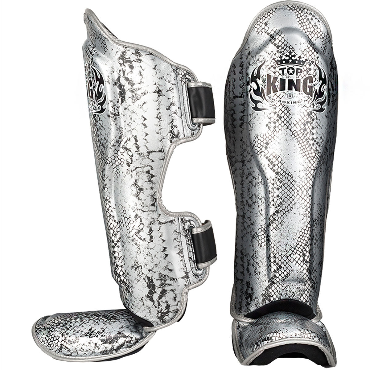 Shin Guards Top King Boxing TKSGSS-02 Silver Black "Super Snake" - L Size