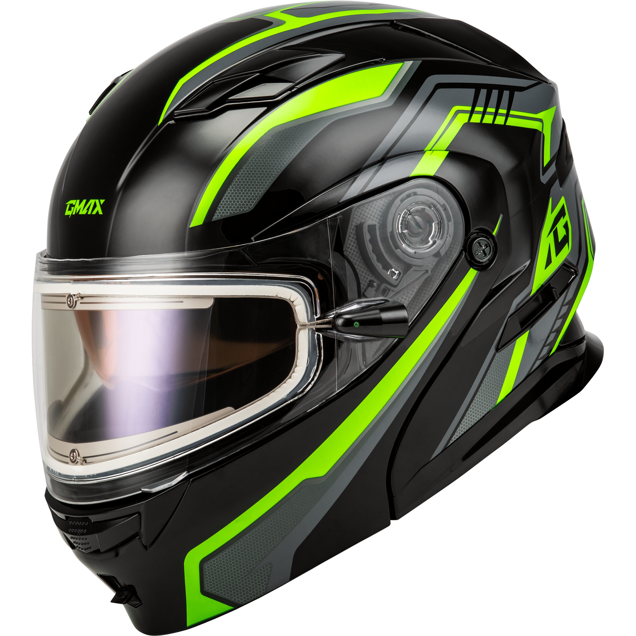 GMAX MD-01S TRANSISTOR SNOW HELMET W ELEC SHLD BLK/GREY/GREEN 2X
