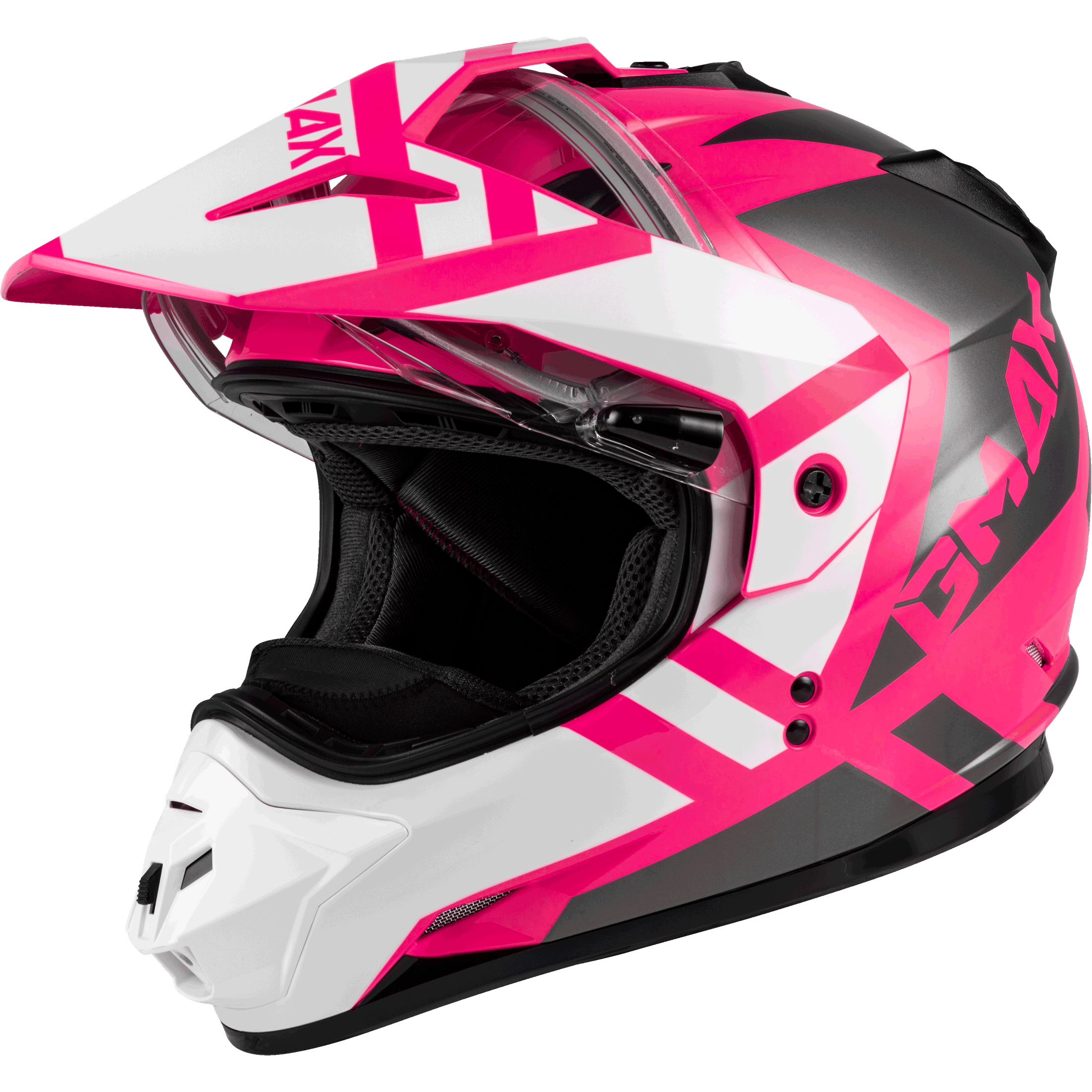 GMAX GM-11S TRAPPER SNOW HELMET W/ ELEC SHIELD PINK/WHITE/GREY LG