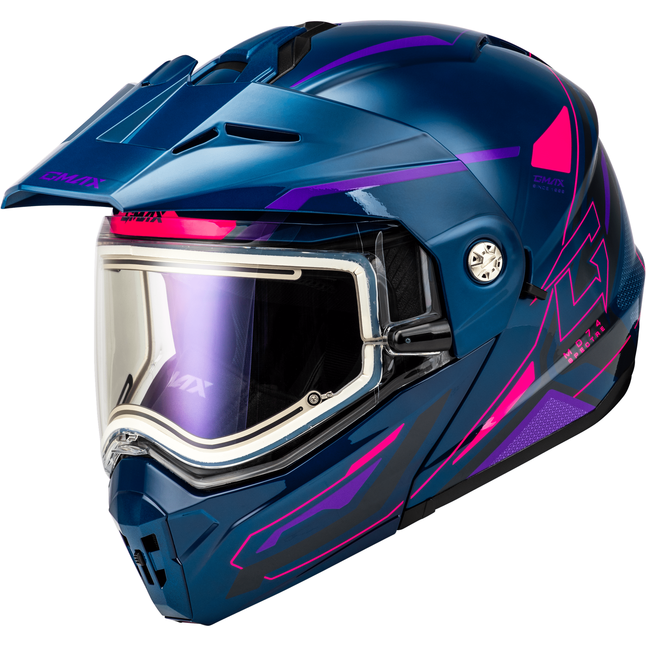 GMAX MD-74S SPECTRE SNOW HELMET W/ ELEC SHLD BLUE/PINK/PURPLE LG