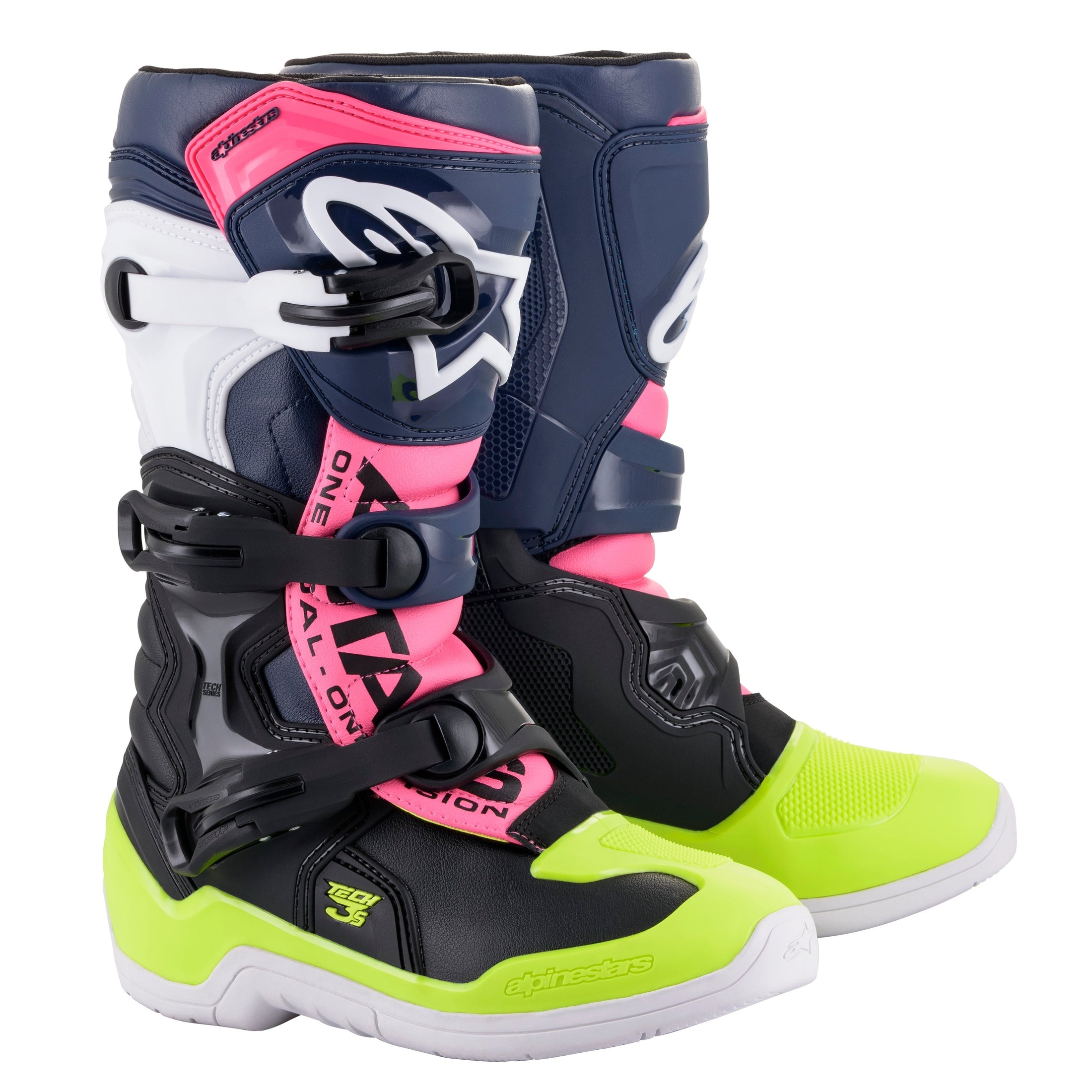 ALPINESTARS TECH 3S YOUTH BOOTS BLACK/ DARK BLUE/PINK FLUO SZ 08