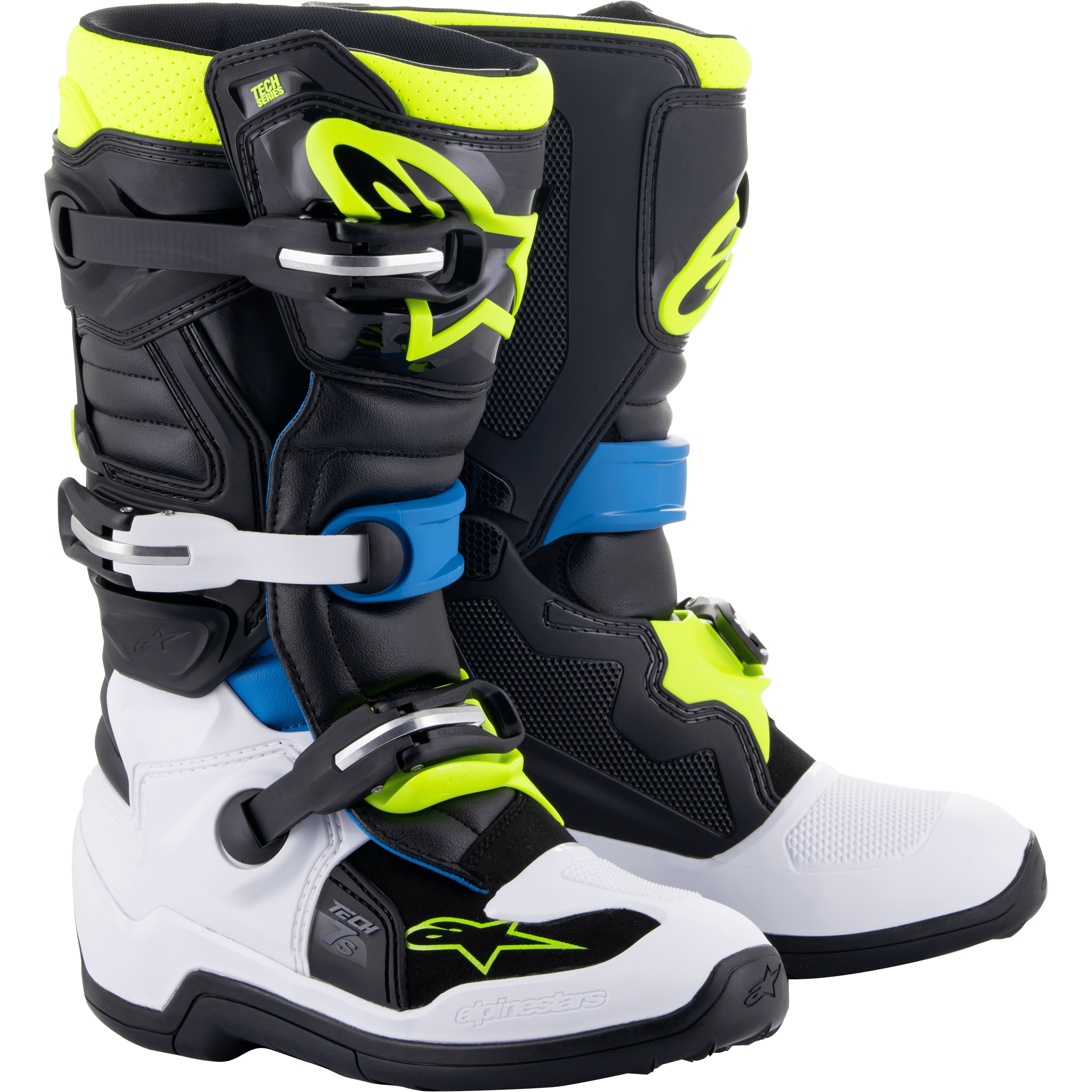 ALPINESTARS TECH 7S BOOTS BLK/ENAMEL BLU/FLUO YEL SZ 6