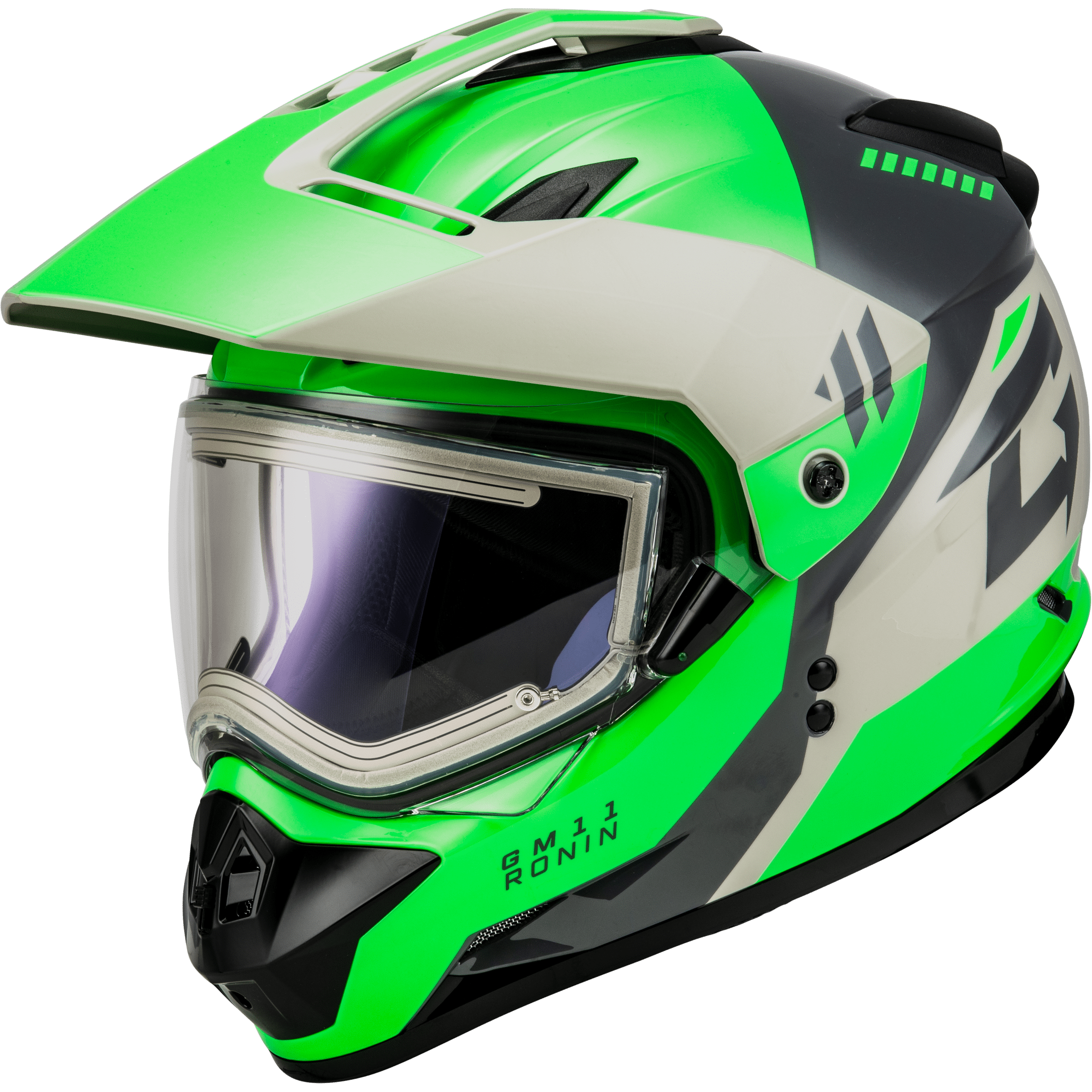 GMAX GM-11S RONIN SNOW HELMET W/ ELEC SHIELD GREEN/GREY 2X