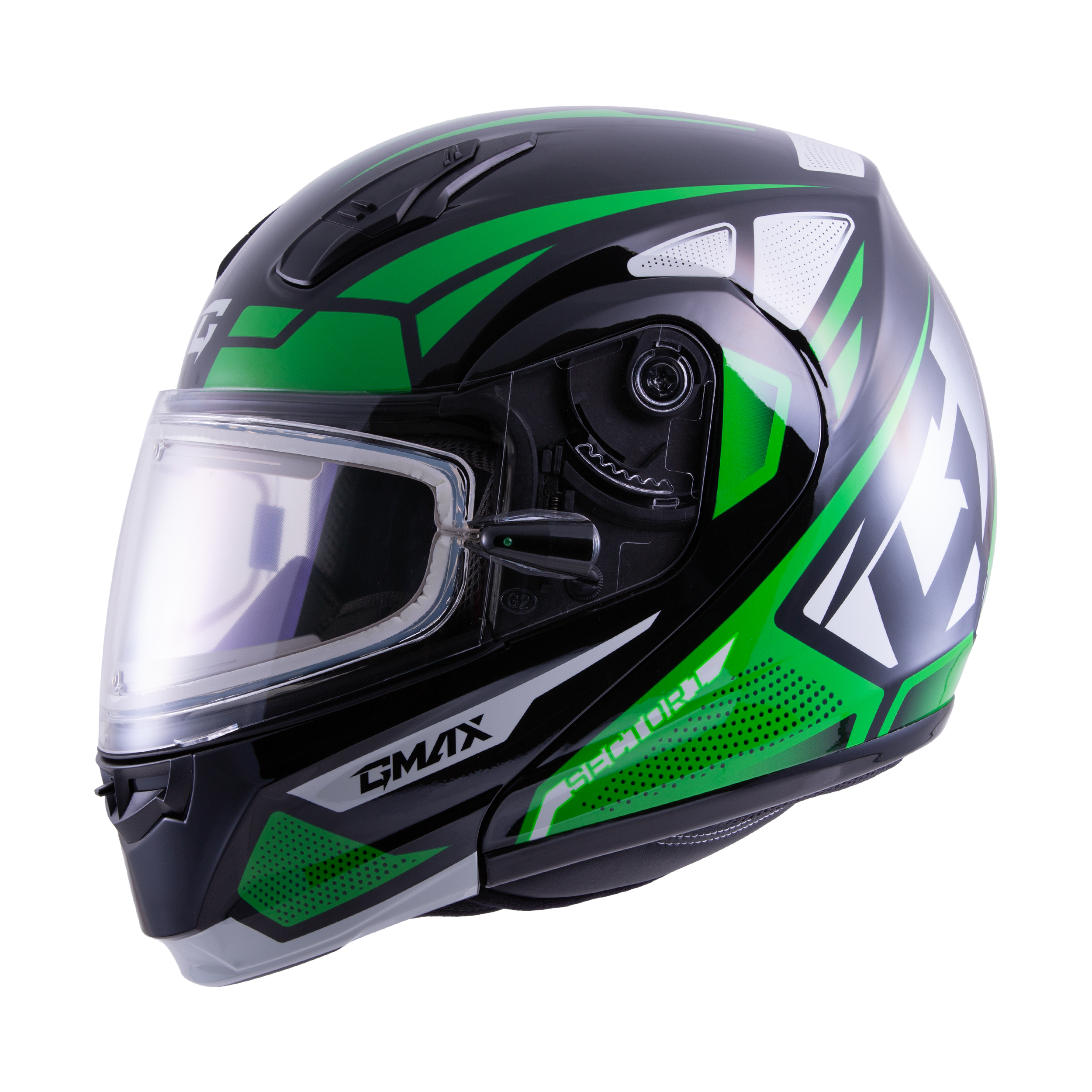 GMAX MD-04S SECTOR SNOW HELMET W/ ELEC SHIELD BLK/GREEN/WHT MD