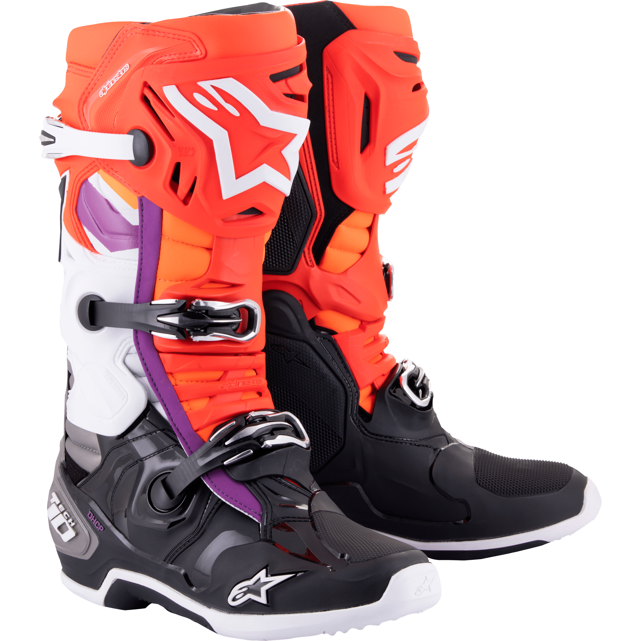 ALPINESTARS TECH 10 BOOTS BLK/FLO RED/FLO ORG/WHT SZ 9