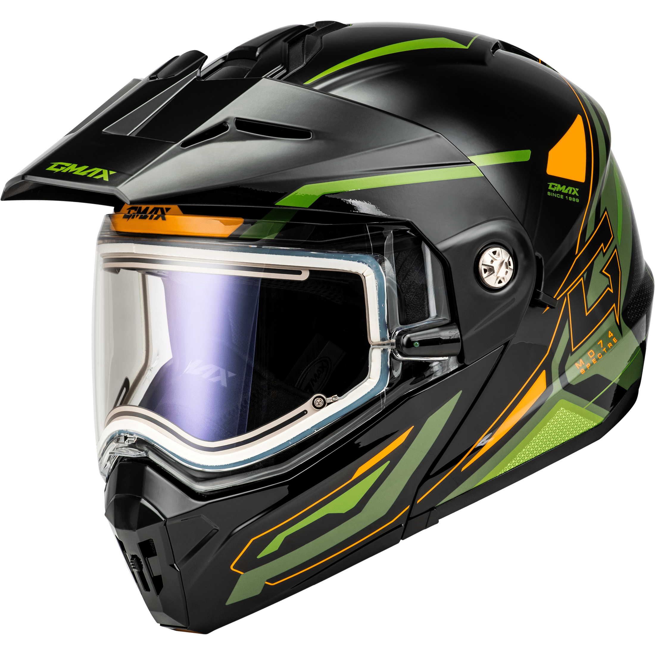GMAX MD-74S SPECTRE SNOW HELMET W/ ELEC SHIELD BLACK/GREEN 3X