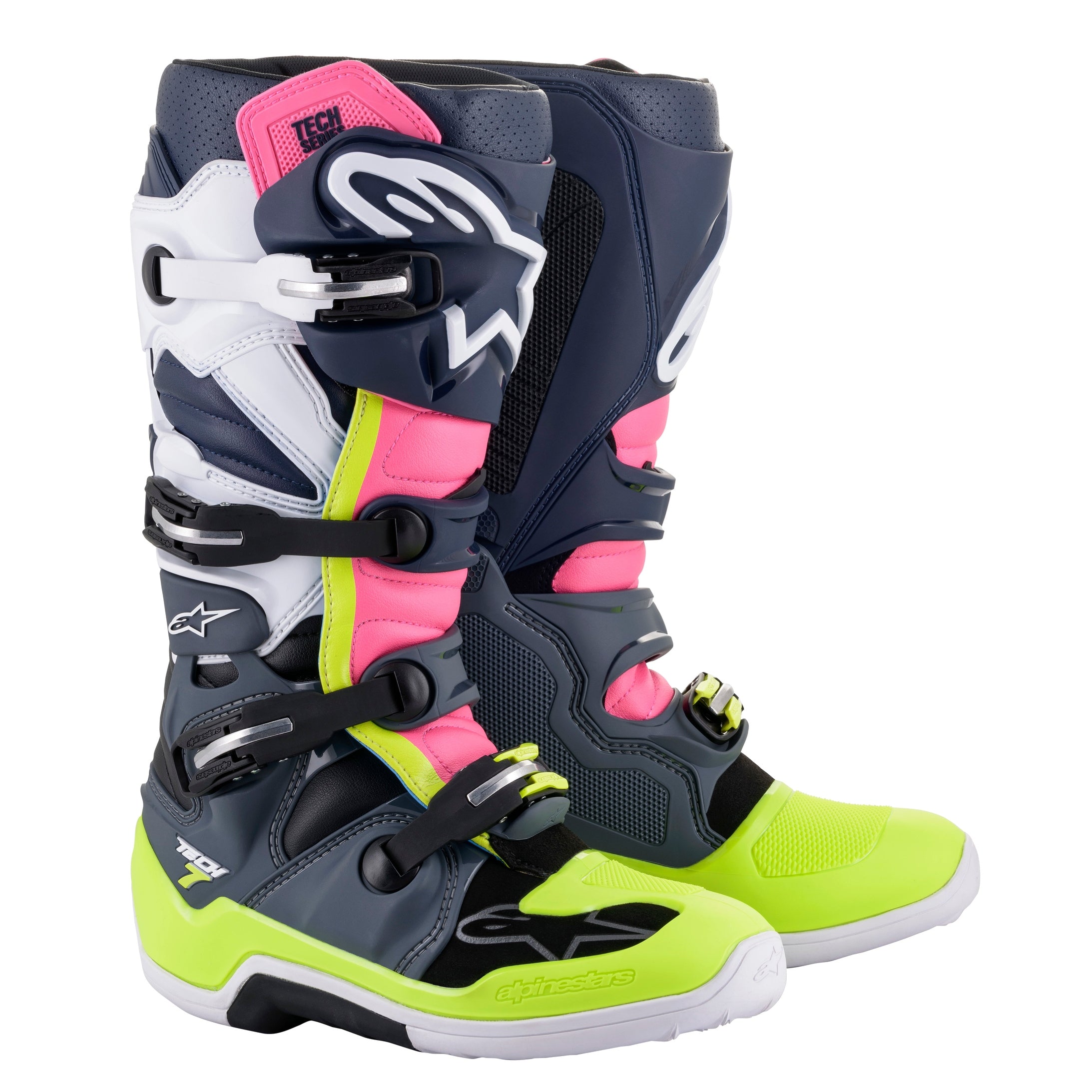 ALPINESTARS TECH 7 BOOTS DARK GREY/ DARK BLUE/PINK FLUO SZ 13