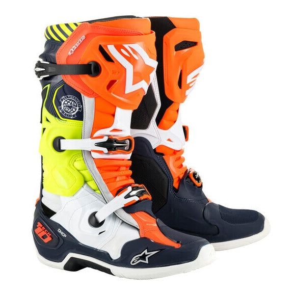 ALPINESTARS TECH 10 UNION19 MXON BOOTS DK BLUE/ORG FLUO/YLW FLUO SZ 10